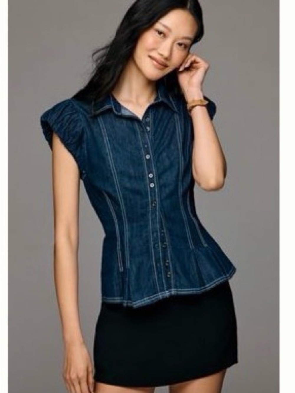 Anthropologie Pilcro Dark Blue Denim Button-Front Cap Sleeve Shirt